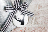Black and white buffalo plaid rustic farmhouse Christmas tree decor, White glass ornaments, modern farmhouse Christmas decor
