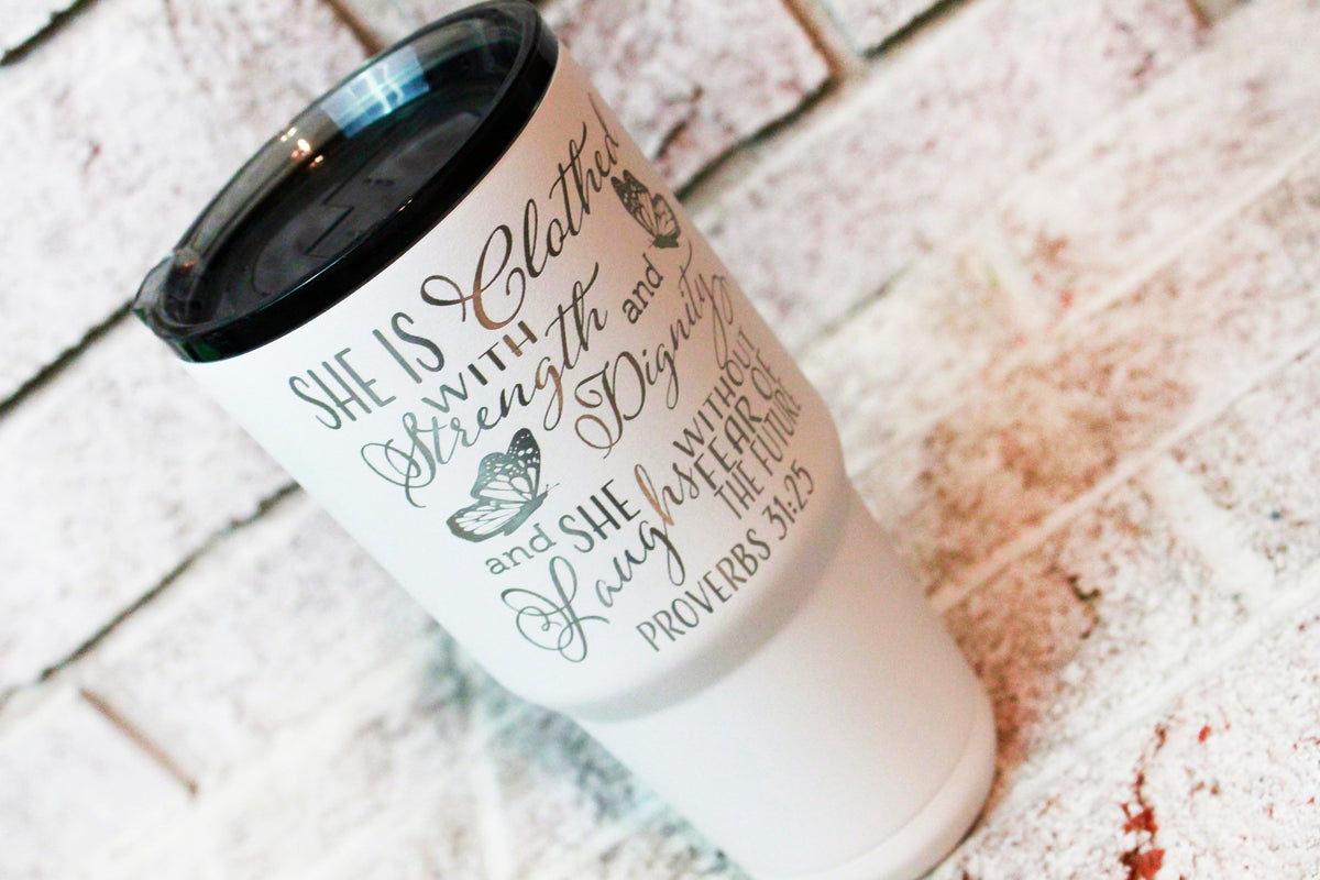 Dignity and Strength glitter tumbler, 30 ounce skinny tumbler, custom  glitter cup, bridal party gift, Strong women gift idea, proverbs