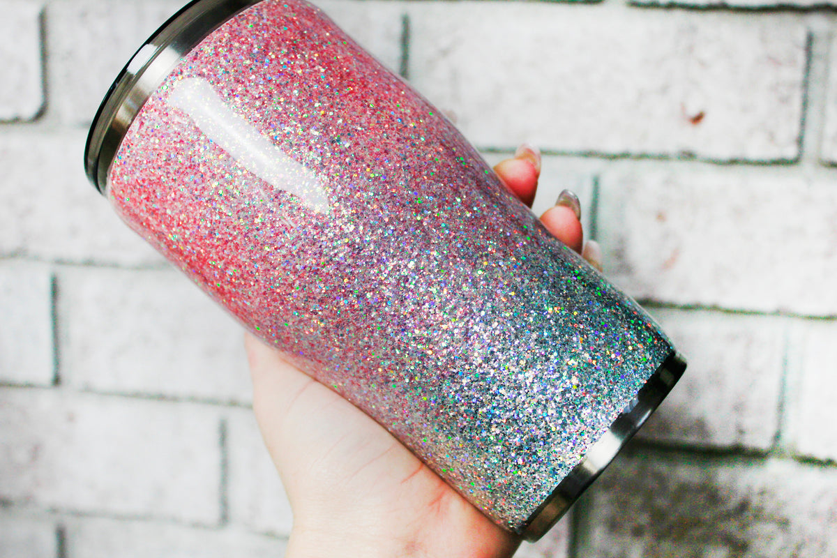 silver holographic glitter tumbler-neon pink lettering-girly  tumbler-empowering-custom stainless steel-sparkly-personalized