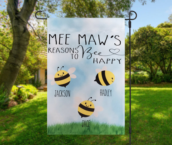 Mee Maw's reasons to be happy, personalized garden flag, grandkids garden flag, mamaw garden flag, mamaw gifts, meemaw gifts, yard decor