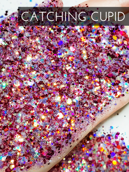 Catching Cupid Holo custom mix chunky hex poly glitter, tumbler making glitter, fine polyester glitter, Red Mix chunky glitter for tumbler