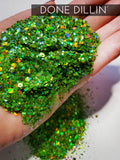 Done Dillin' Green Glitter, Pickle Green holo glitter, custom mix holo glitter, Green Holographic glitter, green tumbler glitter