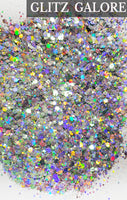 Glitz Galore 2 Oz bag Custom Mix silver holo glitter, Holographic mix glitter