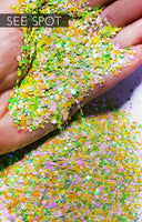 See Spot 2oz Confetti Glitter Custom Mix circle Glitter, Circle Glitters, Pink, Yellow and Green Holo confetti glitter mixed sizes