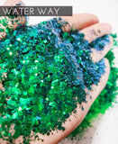 Water Way 2 Oz Green to Blue color shift glitter, Green to Blue color shift chameleon glitter, custom mix color shift glitter, tumbler glitter