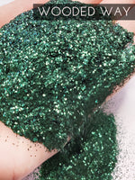 Wooded Way Dark Green glitter, polyester tumbler making glitter, quality glitter supplies, Hunter Green glitter for cups, Emerald glitter