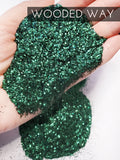 Wooded Way Dark Green glitter, polyester tumbler making glitter, quality glitter supplies, Hunter Green glitter for cups, Emerald glitter