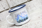 Adventure Awaits Blue Rim Enamel Cup, Camping Cup, Enamel mugs, sublimated camping mugs, cocoa tumbler, coffee cup