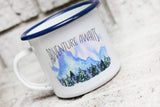 Adventure Awaits Blue Rim Enamel Cup, Camping Cup, Enamel mugs, sublimated camping mugs, cocoa tumbler, coffee cup