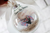 Baby's First Christmas Round Ornament, Round bauble with photo, Ornament with Picture, Christmas ornament exchange, New Baby Ornament Gifts.
