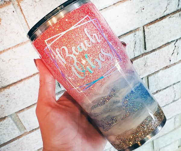 Beach Vibes Sunset Glitter Tumbler, Sunset Glitter Tumbler, 20 oz glitter cup, vacation tumbler, beach lover gifts, girls vacation gifts