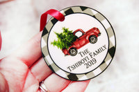 Black and White Buffalo plaid family ornament, rustic farmhouse Christmas, ornament exchange, Vintage Red Truck Ornament, Farm Fresh Tree Ornament