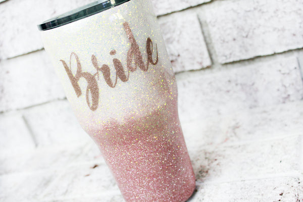 Glitter Bride traveling cup, wedding gift tumbler, wedding planning cup, rose gold travel mug with glitter, custom bride cups, bridal party