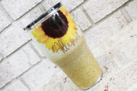 Sunflower glitter travel cup, gold and white glitter cups, custom sparkle gift ideas, bridesmaid gifts, sunflower wedding gifts