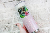 Glitter tumbler with sloth image, Sloth gift ideas, pink and white glitter cups, travel coffee cups, 20 ounce skinny tumbler with straw