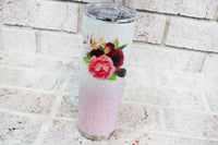 Boho glitter cup, Boho bride custom tumbler, Pink and white floral cups, travel coffee cup with glitter, hot and cold cups with straw