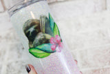 Glitter tumbler with sloth image, Sloth gift ideas, pink and white glitter cups, travel coffee cups, 20 ounce skinny tumbler with straw