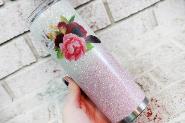 Boho glitter cup, Boho bride custom tumbler, Pink and white floral cups, travel coffee cup with glitter, hot and cold cups with straw