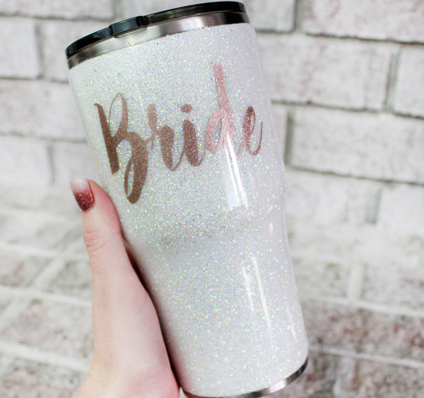 Bride cup, white glitter custom cup, rose gold wedding cup, bridal