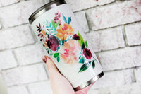 Boho floral white glitter waterslide tumbler, bridal gift, travel cup for wedding planning, gifts for her, bridal party gifts, 20 oz cup