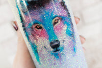 Custom glitter cup with watercolor wolf, white, blue and purple ombre cup, custom glitter tumbler, travel cup, bridal cup, wedding gift