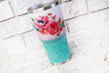 pink and blue boho glitter cups, custom glitter cups with flowers, glitter travel cups, bridal travel cups, bridesmaid gifts, blush pink