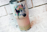 Custom glitter unicorn cup, peach and gold cup with unicorn, custom glitter tumblers, travel mug with glitter, insulated travel glitter cup