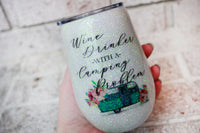Camping wine tumbler, custom glitter tumbler for camping, 14 oz wine tumbler with lid, personalized glitter cups for brides, bridesmaid gift