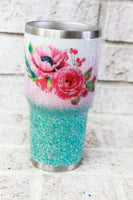 pink and blue boho glitter cups, custom glitter cups with flowers, glitter travel cups, bridal travel cups, bridesmaid gifts, blush pink