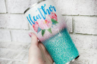 Peonies custom glitter cup with name, personalized glitter cups, pink and blue glitter cups, boho sparkly tumblers, insulated cups, travel