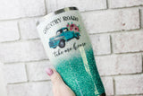 30 ounce glitter tumbler, teal glitter tumbler with truck, country roads sparkle tumbler, insulated tumblers, travel cups, hot and cold cup
