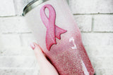 Breast Cancer Awareness Pink Ribbon glitter tumbler, bright pink glitter cups, custom glitter tumblers, pink ribbon coffee mugs, travel cup