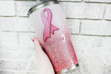 Breast Cancer Awareness Pink Ribbon glitter tumbler, bright pink glitter cups, custom glitter tumblers, pink ribbon coffee mugs, travel cup