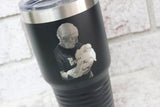 Engraved photo tumblers, father's day gift ideas, powder coated travel cups with picture, laser engraved pictures on cups, cups for men