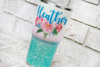 Peonies custom glitter cup with name, personalized glitter cups, pink and blue glitter cups, boho sparkly tumblers, insulated cups, travel