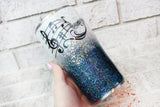 Black and white glitter music lovers cup, Custom glitter cup, musical notes, music or band teacher gift ideas, treble clef music scale 20 oz