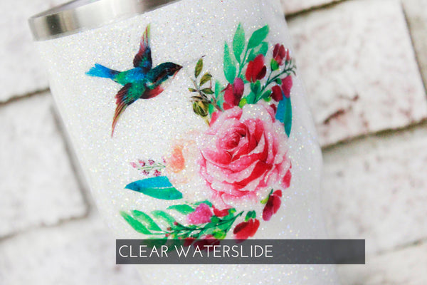hummingbird Waterslide decal for Glitter Tumblers, ready to use waterslide decals, clear waterslide for tumblers, humming bird flower decal