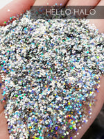 Hello Halo Holographic glitter .040 hex poly, glitter for tumbler making, fine polyester glitter, silver holographic chunky glitter