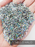 Hello Halo Holographic glitter .040 hex poly, glitter for tumbler making, fine polyester glitter, silver holographic chunky glitter