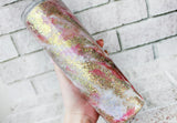 Pink and Gold Milky way Insulated Glitter Tumbler, 30 Ounce skinny tumbler with straw, swirl glitter cup, gold white and pink cup