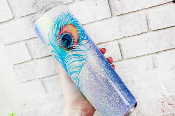 Peacock glitter cup, peacock feather cup ideas, 30 ounce skinny custom glitter tumblers, glitter cups with straw, peacock feather tumbler