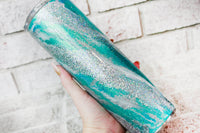 Teal and Silver Milky way Insulated Glitter Tumbler, 30 Ounce skinny tumbler with straw, swirl glitter cup, Blue silver glitter swirl cup