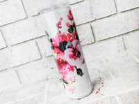 Boho floral Cup Insulated Glitter Tumbler, 30 Ounce skinny tumbler with straw, silver and white glitter flower cup, flower glitter cup