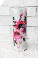 Boho floral Cup Insulated Glitter Tumbler, 30 Ounce skinny tumbler with straw, silver and white glitter flower cup, flower glitter cup