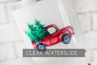 red truck Christmas waterslide decals, glitter tumbler decals, ready to use waterslide, sealed waterslide for glitter cups, vintage truck