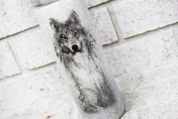 Glitter Wolf Cup, Silver and White glitter cup, custom glitter tumbler, travel cup, Elegant glitter cup, travel coffee tumbler with straw