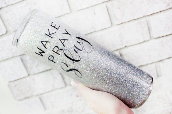 Wake, Pray, Slay glitter tumbler, 30 ounce skinny tumbler, glitter cup, bridal party, Strong women gift idea, White and silver glitter cup