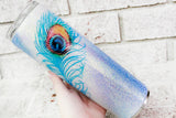 Peacock glitter cup, peacock feather cup ideas, 30 ounce skinny custom glitter tumblers, glitter cups with straw, peacock feather tumbler
