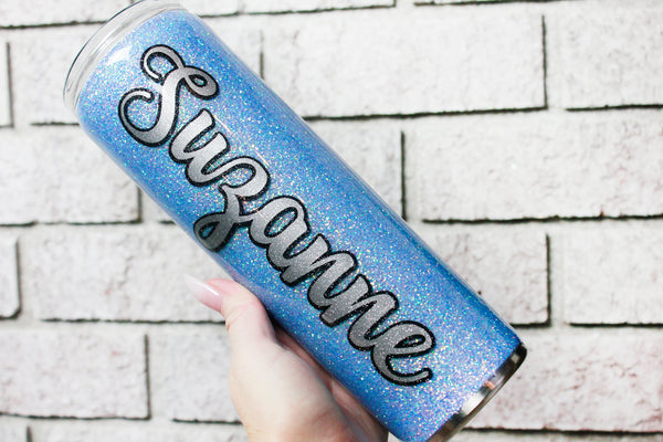 Blue skinny cup, 30 ounce blue glitter tumbler with straw, custom glitter cup with name, bridal party glitter cup, bridesmaid gift with name