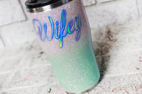 Pink and green Glitter Travel Tumbler, Custom Glitter tumblers, Personalized glitter cups, sparkle glitter gift ideas, bridal party gifts